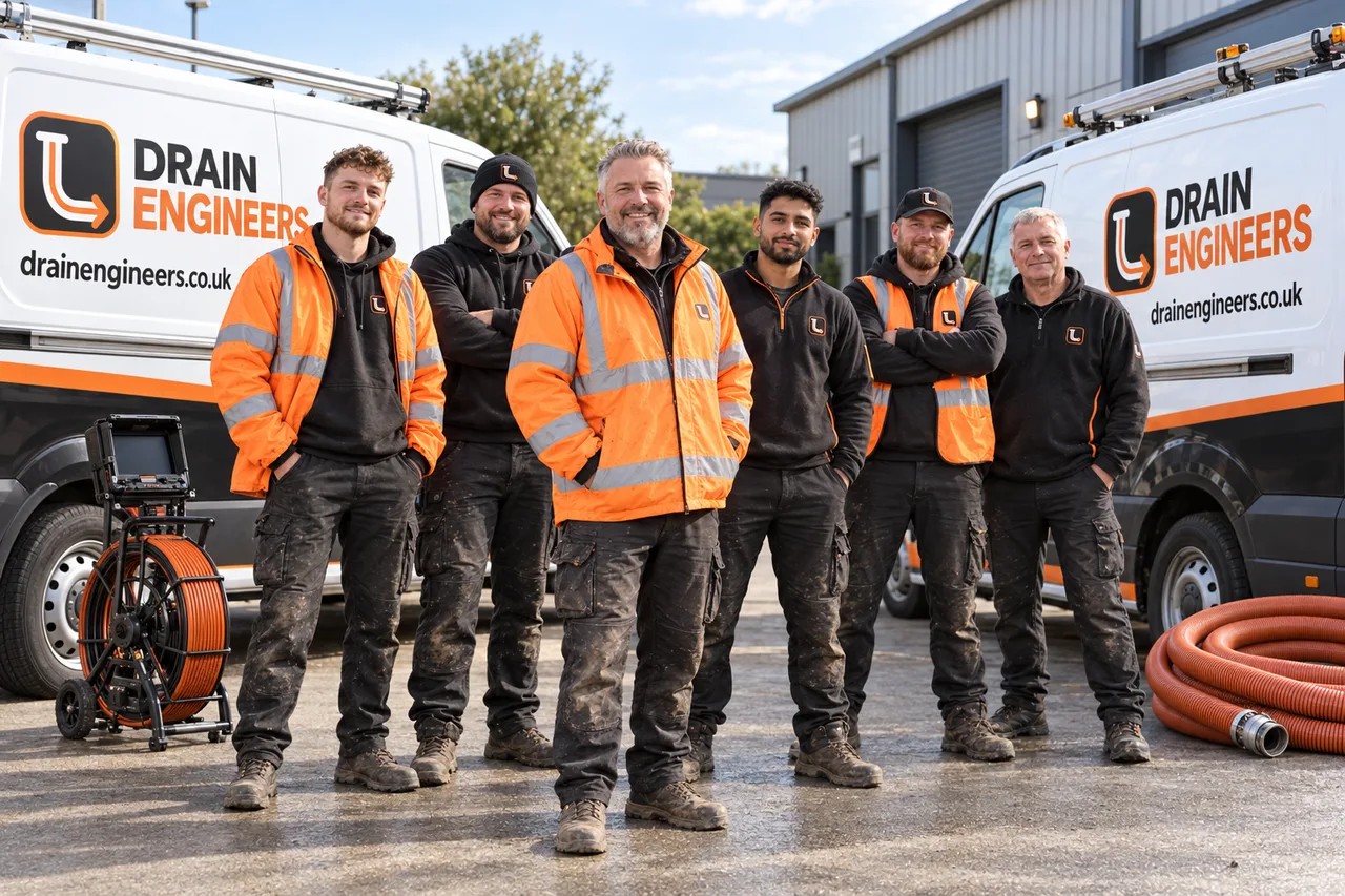 The Drain Engineers team standing between their branded vans with drain inspection equipment